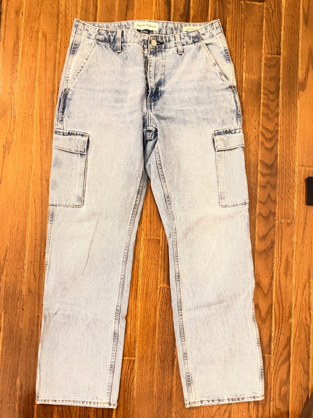 Denim Forum Light Wash Straight Leg Cargo Jeans